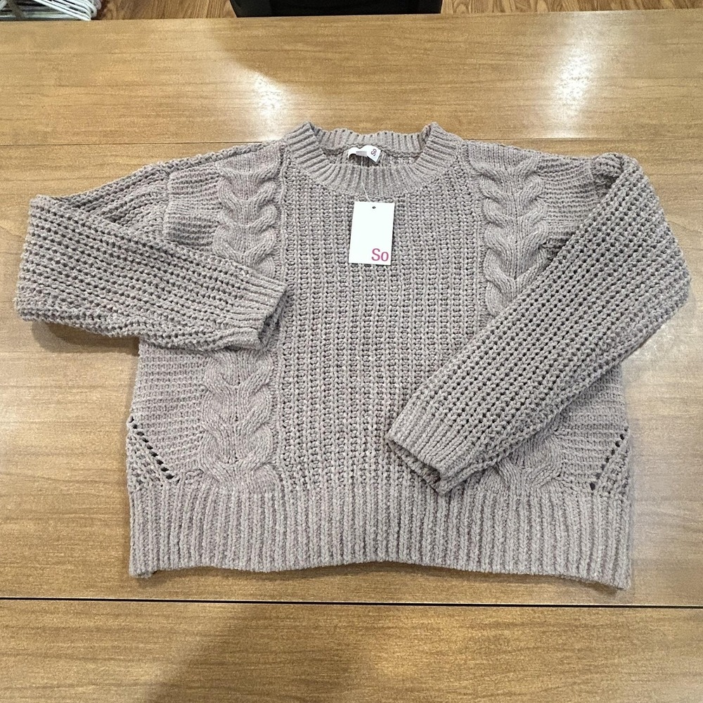 SO Sweater Woman's XS Brown Cable Knit Chenille Pullover Braided Crew Neck Cozy